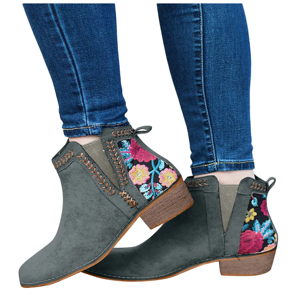 Серый Shoes Women Autumn Winter Boots Women Casual Booties Rome Large Size Embroider Flower Square Heels Short Boots Shoes - Цвет: Серый