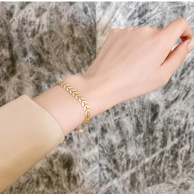 Stainless Steel Gold Leaves Pearl Bracelets For Women Vintage Gift Fashion Jewelry Fashion Bracelet