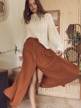 

Solid High Waist Pleated Maxi Skirts Women 2020 Summer Button Split Chic Long Fladas Casual Loose Vintage ladies Skirts