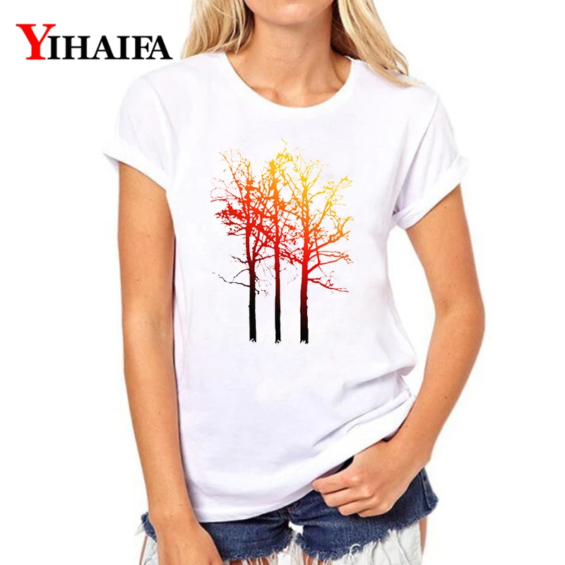 

Women T-shirt 3D Print Colorful Gradient Tree Graphic Tee Casual Summer White T Shirts Lady Short Sleeve Tops