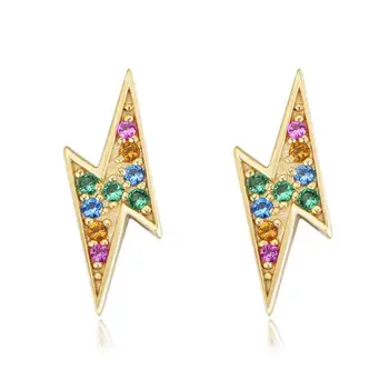 

925 Sterling Silver Rainbow Zircon Stud Earrings for Women Korean version of the Simple Mini Geometric Lightning Earring Jewelry