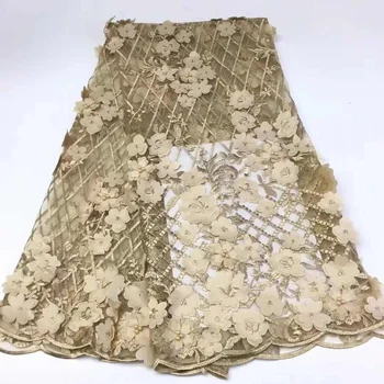 

High Quality Tulle Lace Handmade 3D FlowerAppliqued With Beads Champagne African French Wedding Lace Fabrics For Women FJ2788