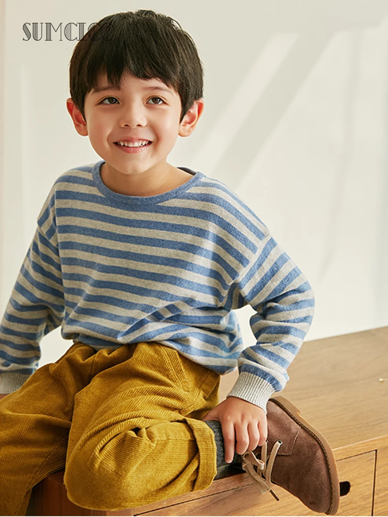 Летний трикотажный пуловер для мальчиков с круглым вырезом в полоску желтого и