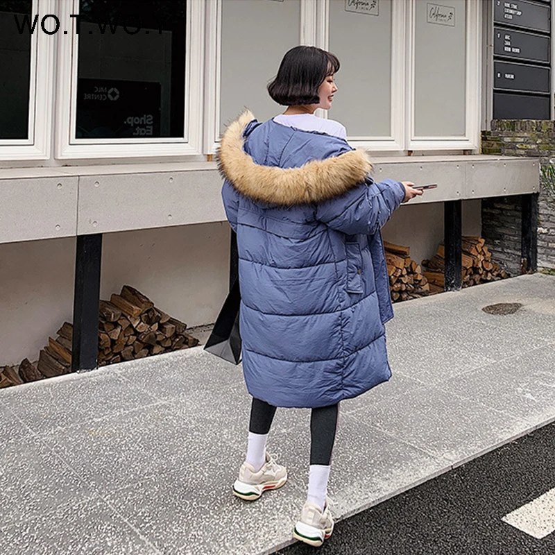 WOTWOY Fashion Winter Jacket Women Fur Neck Zipper Buttons Hooded Knee-Length Female Parkas Pockets Ribs Women's Outwear