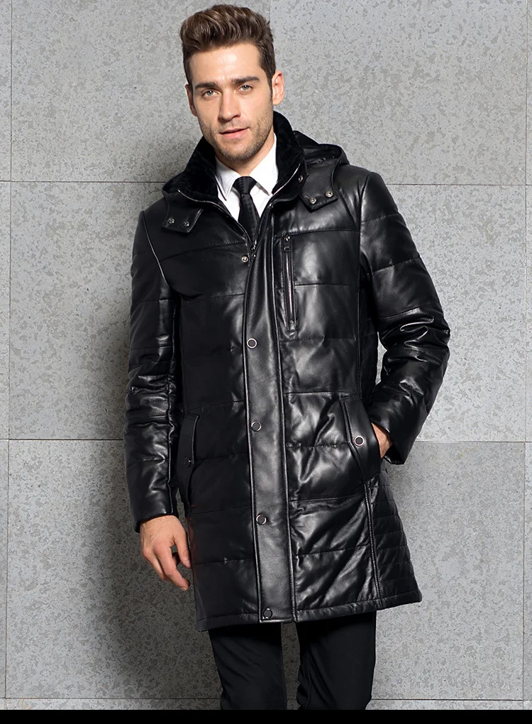 AYUNSUE Winter Genuine Leather Down Jacket Men Hooded Real Sheepskin Long Coat Windbreaker Men Leather Jackets 3377 KJ2995