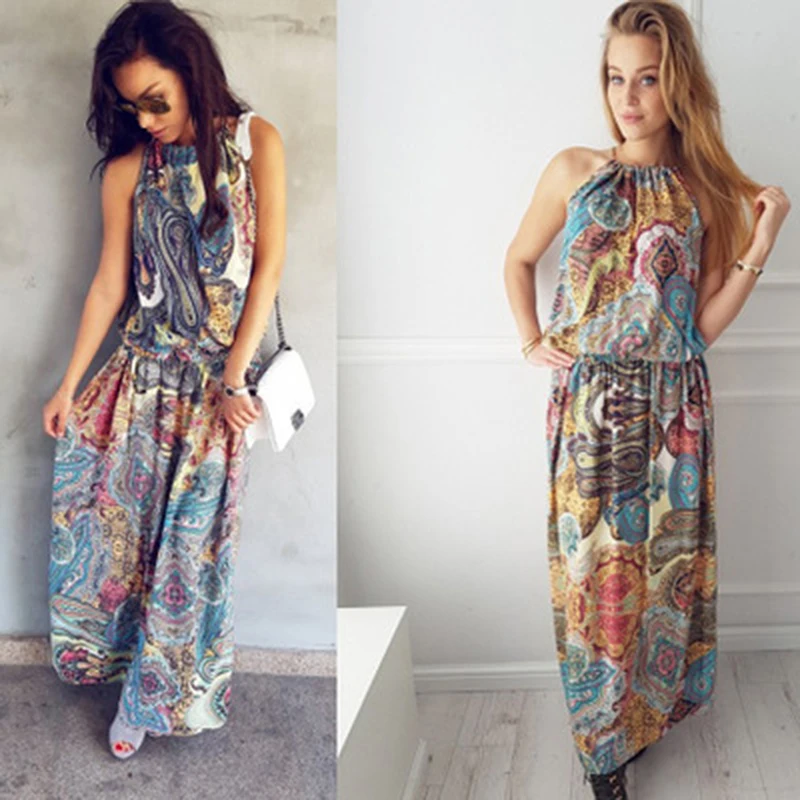 

2020 Women Sexy Spaghetti Strap Maxi Dress Summer Bohemian Ocean Wind Print Beach Dress