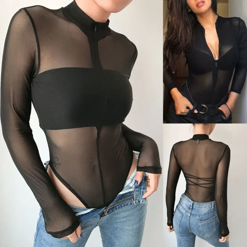 

Fashion Women Bodysuit Sheer Mesh Clubwear Bodycon Long Sleeve Jumpsuit Solid Black Transparent Zipper Stretch Leotard Top