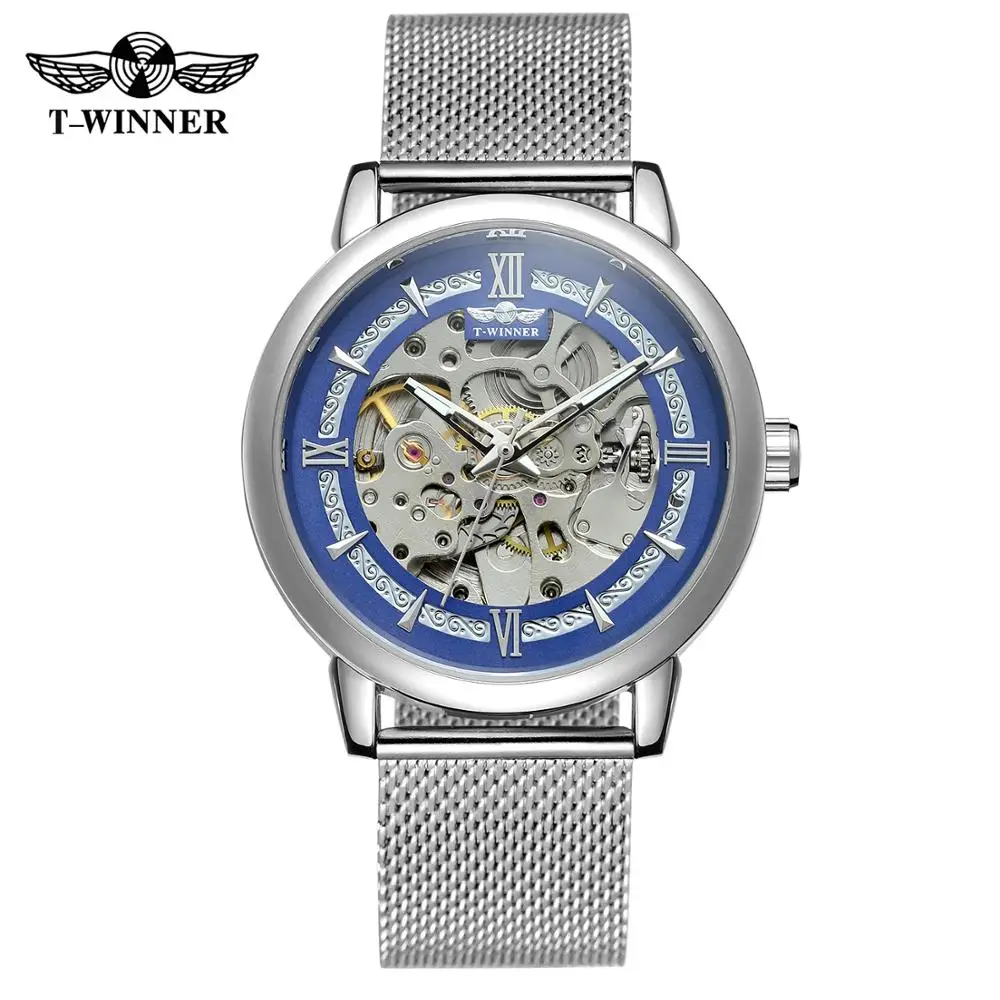 

Часы WINNER Мужские механические, трендовые модные роскошные с синим полым циферблатом, с сетчатым ремешком