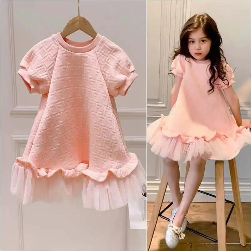 Girls Dress Spring Summer Girls Dress Fashion 2-9Y Children Long Dress Baby Short-sleeved Mesh Princess Teenage clothing
