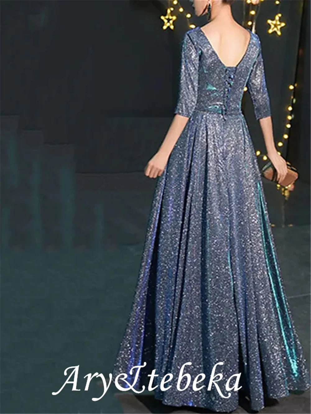 A-Line Mother of the Bride Dress Elegant Sparkle & Shine Jewel Neck Floor Length Satin Tulle Half Sleeve with Sequin mother bride dresses