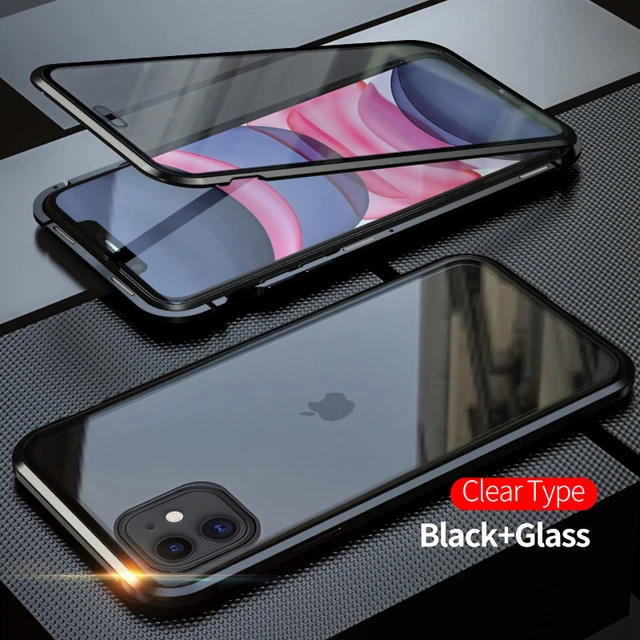 360 металлический магнитный чехол для телефона для iPhone 11 Pro Max чехол для iPhone XR X XS Max 6 6S 7 8 Plus двусторонний чехол из закаленного стекла - Цвет: Черный