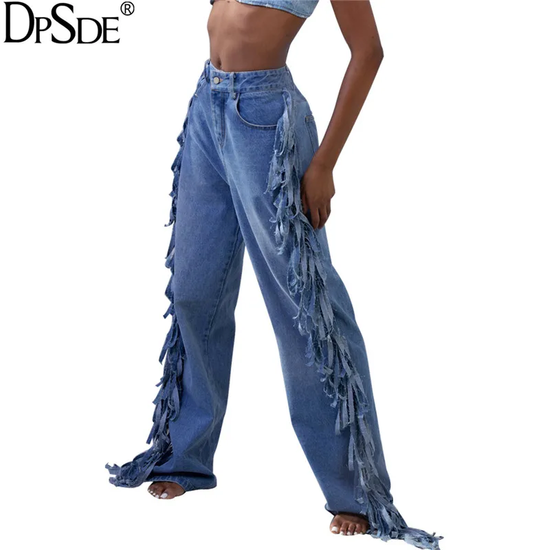 DPSDE Tassel Осень новинка модные джинсовые штаны Синий уличная одежда свободные длинные штаны в талии на молнии повседневные расклешенные брюки
