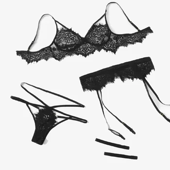 

High quality Sexy Lingerie Hot Erotic Eyelash Lace Deep V Collar Four Sexy Suit Three Point Bra Suit