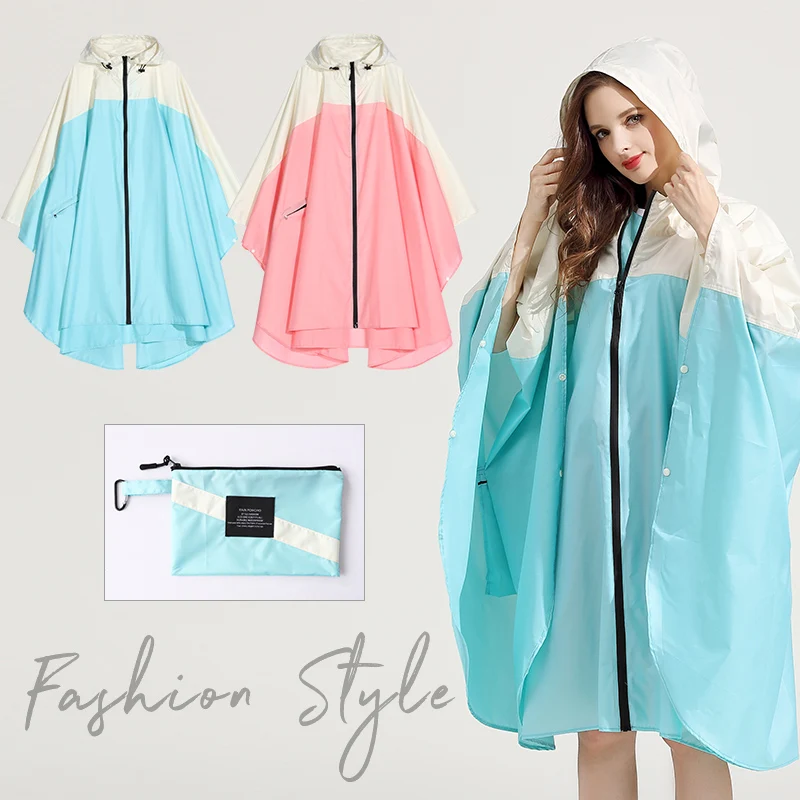 

2021 Two Colours stitching Women's Raincoat Poncho Zippered Hooded Waterproof Rain Jacket