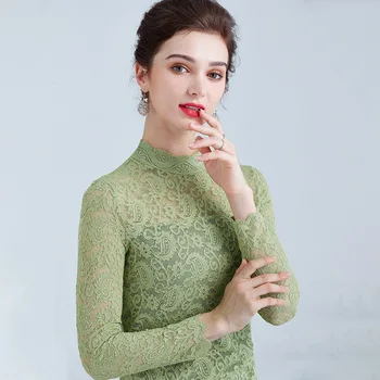 

New solid color slim long-sleeved lace stitching high neck T-shirt women