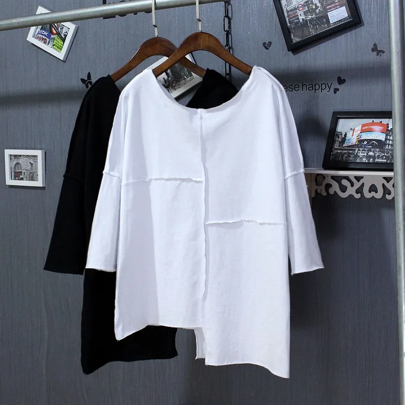 Распродажа Tumblr Blusa летняя Однотонная футболка Женская свободная модная простая Универсальная футболка с рукавом три четверти правая левая Лоскутная Рабочая Футболка