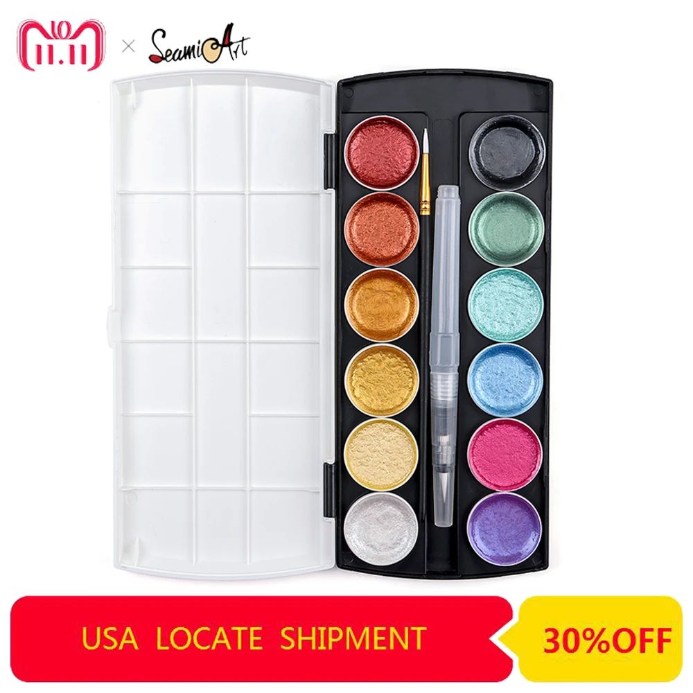 Billig 12 farbe Metallic Aquarell Set Gold Pigment Farbe Mit Waterbrush für Künstler Malerei Glitter Wasser Farbe Kunst Liefert