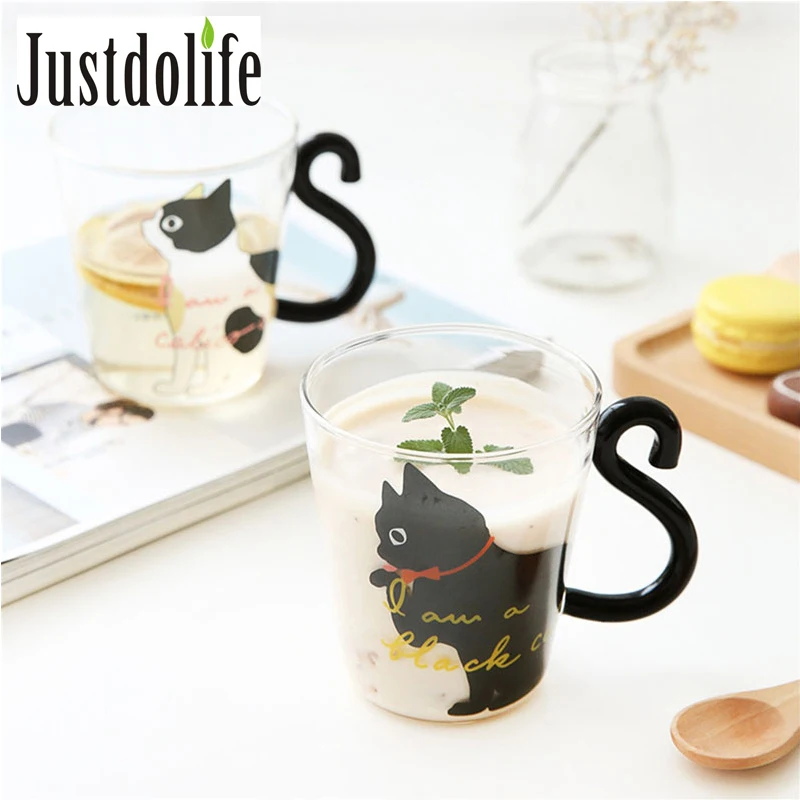 Кружка Justdolife для молока и кофе с милым креативным котом 250 мл стеклянная кружка