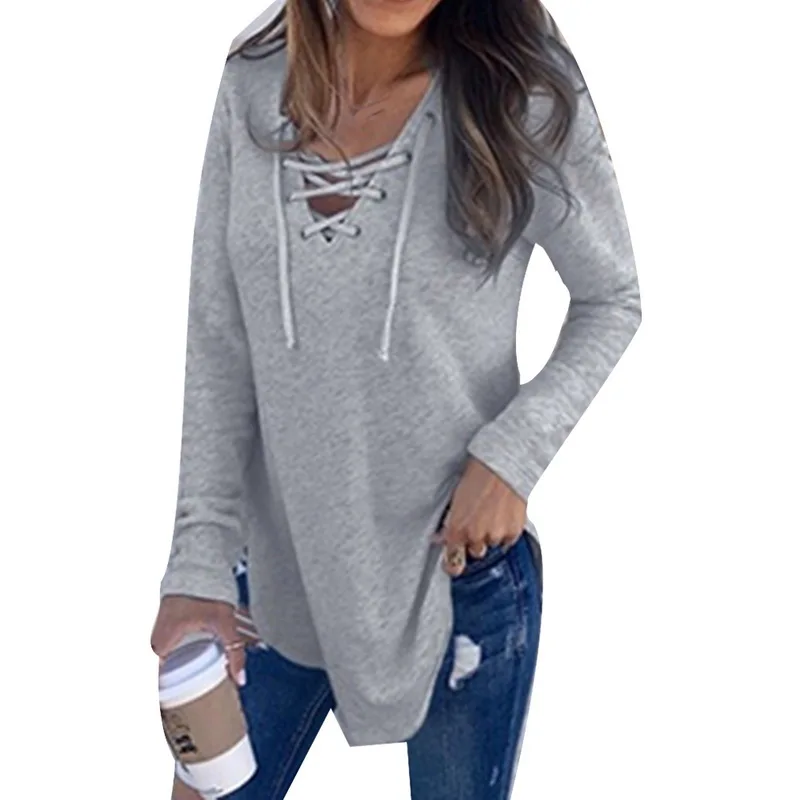 CALOFE осень зима женская Свободная Повседневная рубашка модная футболка на шнуровке Женская однотонная Мягкая футболка с v-образным вырезом и длинным рукавом - Цвет: Gray