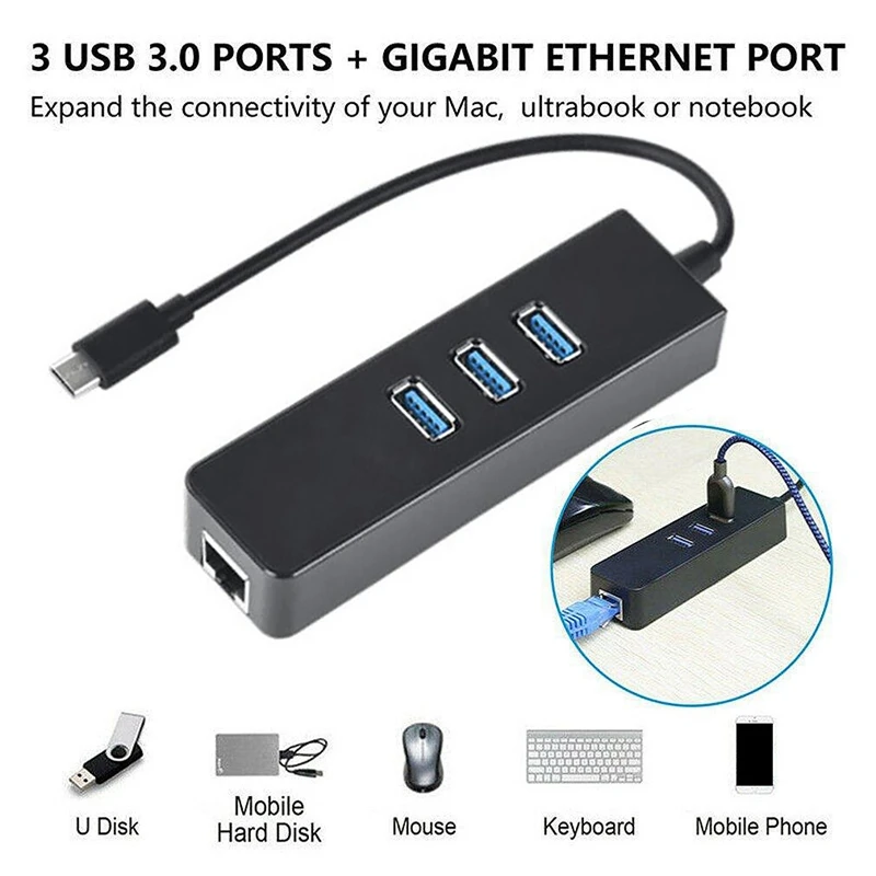 Адаптер Ethernet Type C для RJ45 1000 Мбит/с usb хаб гигабитный сетевой адаптер + 3X Порт USB3.0| |