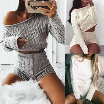 

Women's Sweaters Set Gray 2020 New 2 Piece Set Women Knitted Swaeter Crop Top+ Bottom Shorts Casual Womenswear Knitwear White