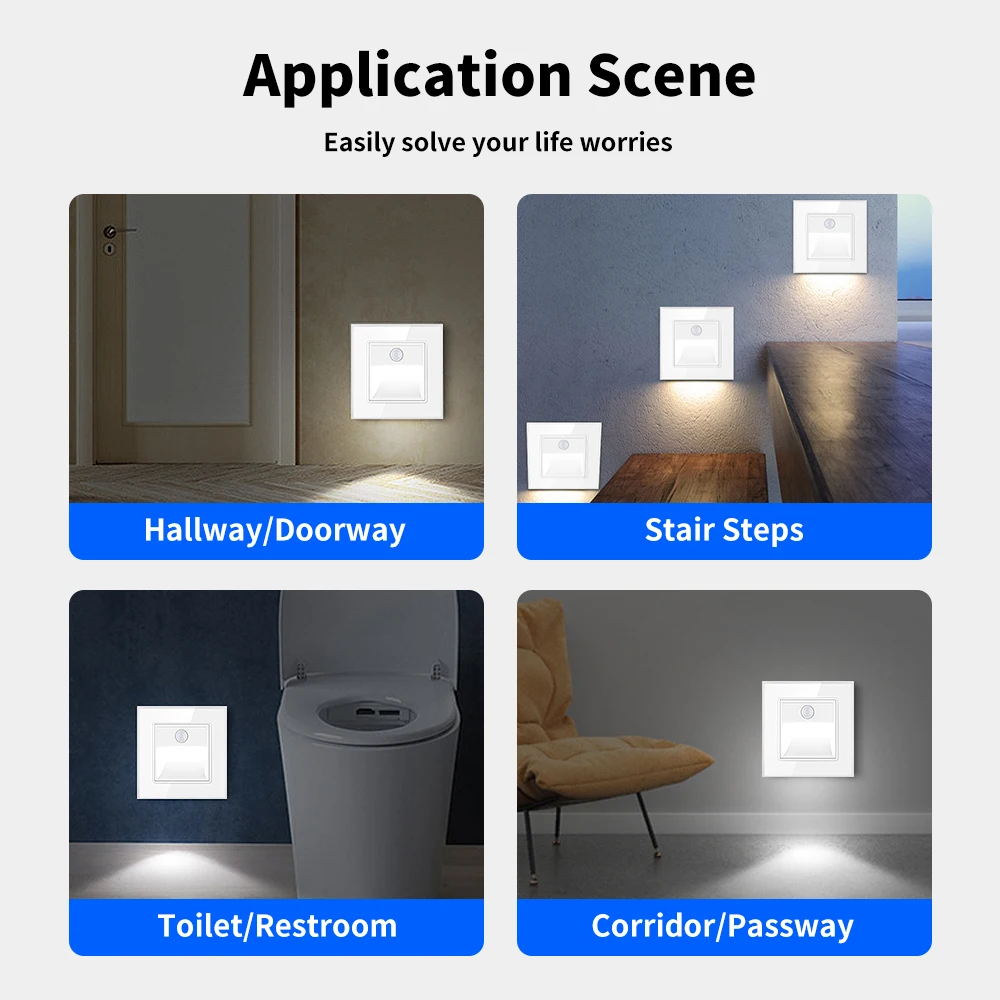 Description Picture 6 of itemUBARO Tempered Glass Panel Wall Sensor Light Balcony Corridors Stairs Human Body Induction PIR Motion Led Step Lamp Ac100-240V