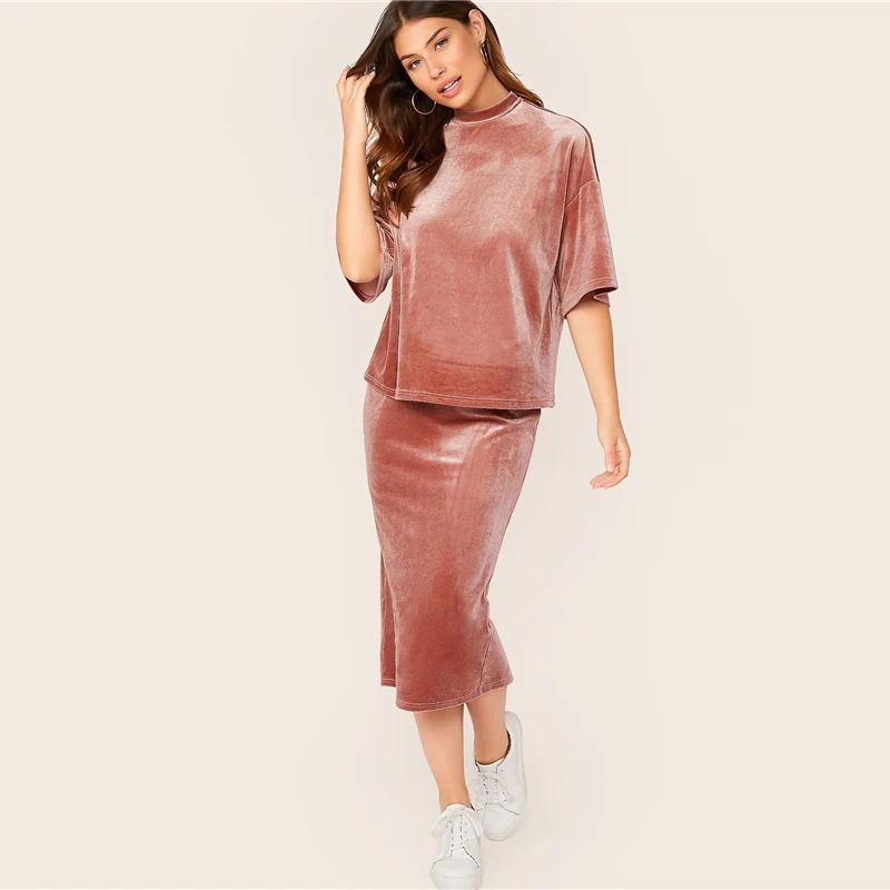 Dotfashion розовый бархатный топ с заниженным плечом и юбка на шнурке, Женский комплект 2 шт., футболка с коротким рукавом, набор женских юбок с разрезом сзади