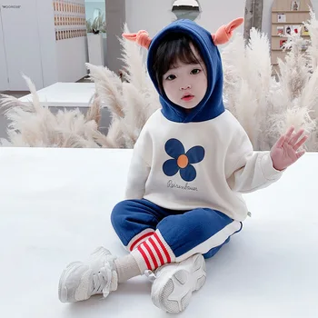 

HYLKIDHUOSE 2020 Winter Girls Clothing Sets Children Casual Clothes Warm Thicken Plush Hooded Tops Pants Outdoor Kids Costume