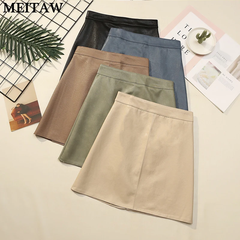 Casual High Waist Mini Skirt Women Pu Leather Skirt Korean Solid Office