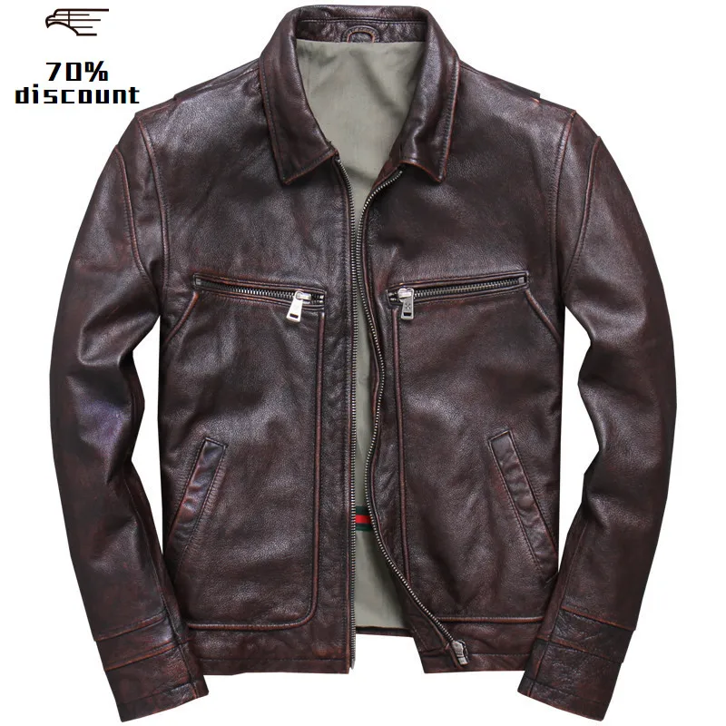 

2020 Vintage Brown Men American Casual Style Leather Jacket Plus Size XXXXXL Genuine Cowhide Spring Natural Coat FREE SHIPPING