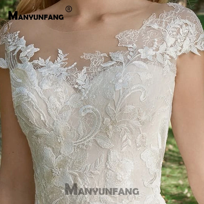 Abito Da Sposa длинное платье с длинным шлейфом Короткие рукава с крылышками Casamento романтическая Вышивка Кружева линия Плюс Размер свадебное платье