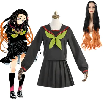 

Anime Demon Slayer Kimetsu no Yaiba Cosplay Costume Kamado Nezuko Makomo JK School Uniforms Sailor Suit wigs Women Outfit