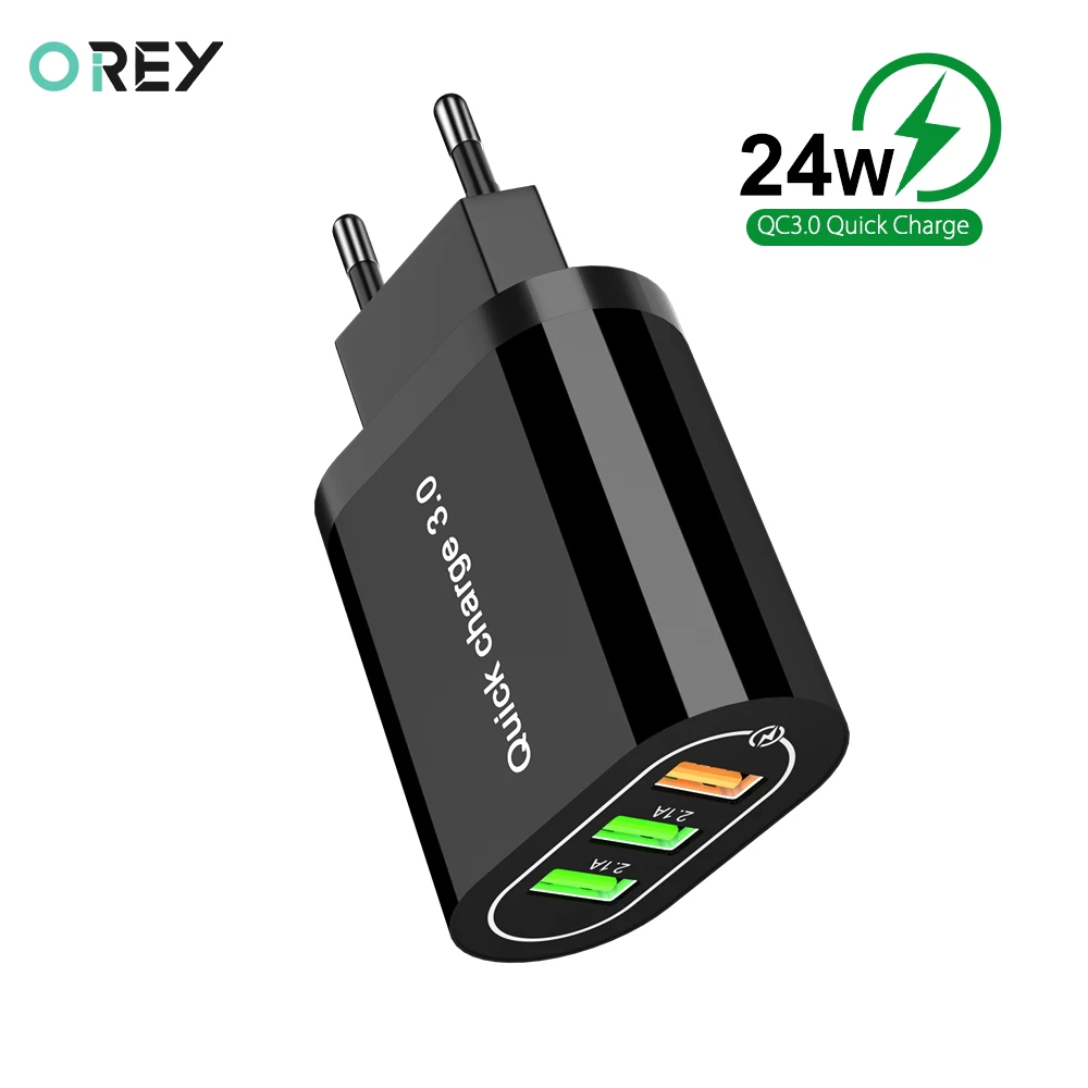 OREY 24W QC 3.0 Fast Charger, 4.8A Max 3 Port USB Charger Adapter Quick Charge 3.0 For Samsung/Xiaomi/Huawei Charger