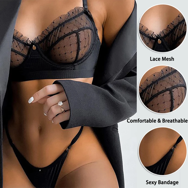 Summer Fashion Sexy Lingerie Set Women Lace Transparent Push Up Bra Briefs Set Black Crop Top Seamless Bras Underwear Thong Sets underwear sets sale