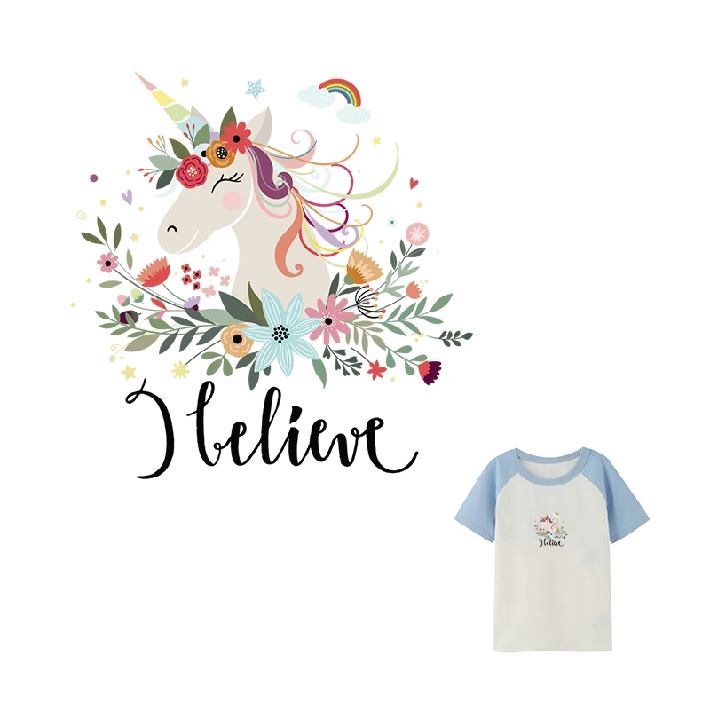 New Arrival Unicorn Flower Thermal Transfer Sticker Horse Heat Sensitive Patch Clothes Washable Accessories Iron On Printing | Дом и сад