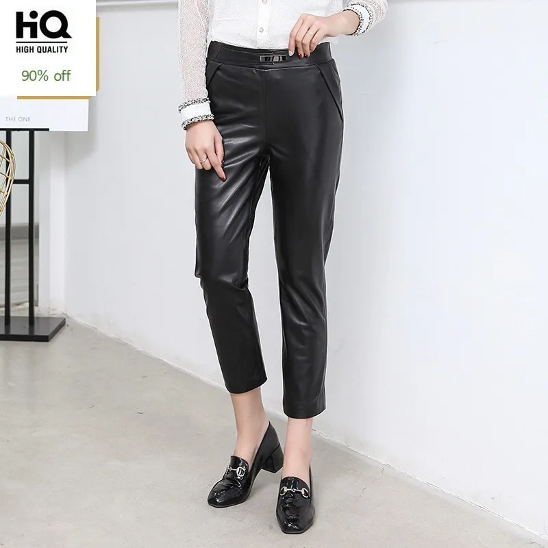 Nieuwe Vrouwen Zwart Lederen Real Lamsvacht Elastische Taille Potlood Broek Broek Enkellange Office Lady Broek Pantalon Femme Nieuwe Vrouwen Zwart Lederen Real Lamsvacht Elastische Taille Potlood Broek Broek Enkellange Office Lady Broek Pantalon Femme