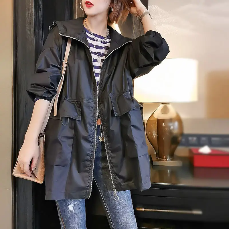 Trench Coat Women Pure Cotton Windbreaker Mid-Length 2025 Spring Autumn New Loose Casual Femme Hooded Zipper Jacket