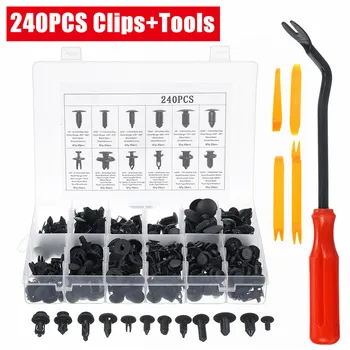 

240Pcs Car clips Auto Fastener Clip Mixed Car Body Plastic Push Retainer Screwdriver+1Clip Removal Pliers+4 Trim Removal Tool