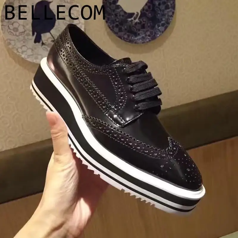 

BELLECOM 2019 Genuine Leather Women's Singles Shoe England Cloth Locke Carving Platform Shoes Chalaza Ma'am Leather Shoes