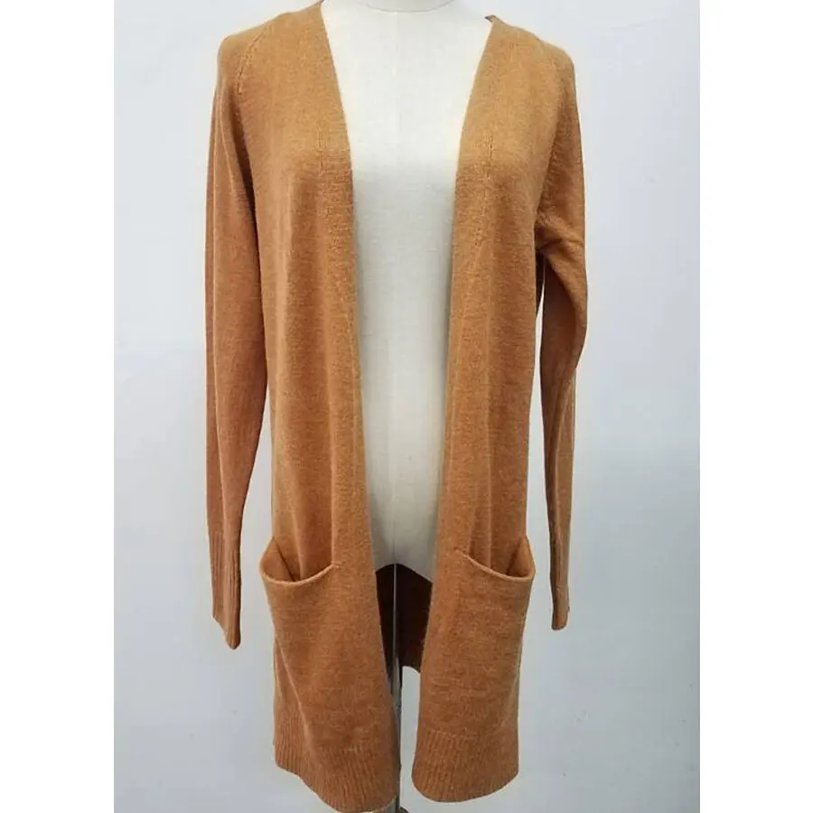 Women's sweater long solid color large pocket knit cardigan sweater - Цвет: khaki