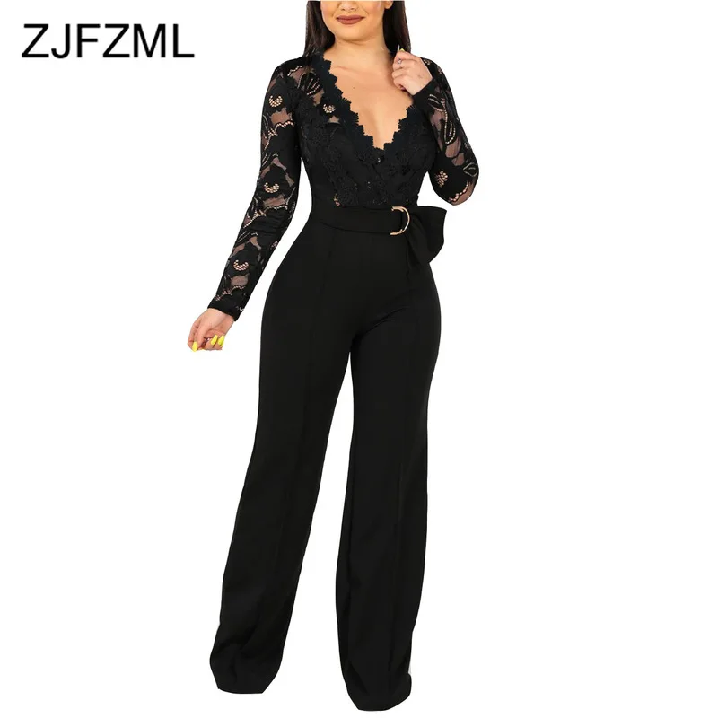 

Lace Spliced Vintage Straight Jumpsuit For Women V Neck Full Sleeve Bandage Bodysuit Spring Female Perspective Boot Cut Romper