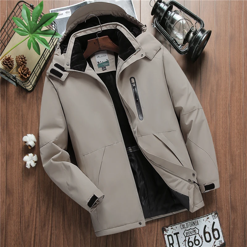 Бежевый Winter Jacket Men Waterproof Hooded Windbreaker Male Thick Warm Parkas Fleece Jacket Coat Men Plus Size 7XL 8XL 9XL Dropshipping - Цвет: Бежевый