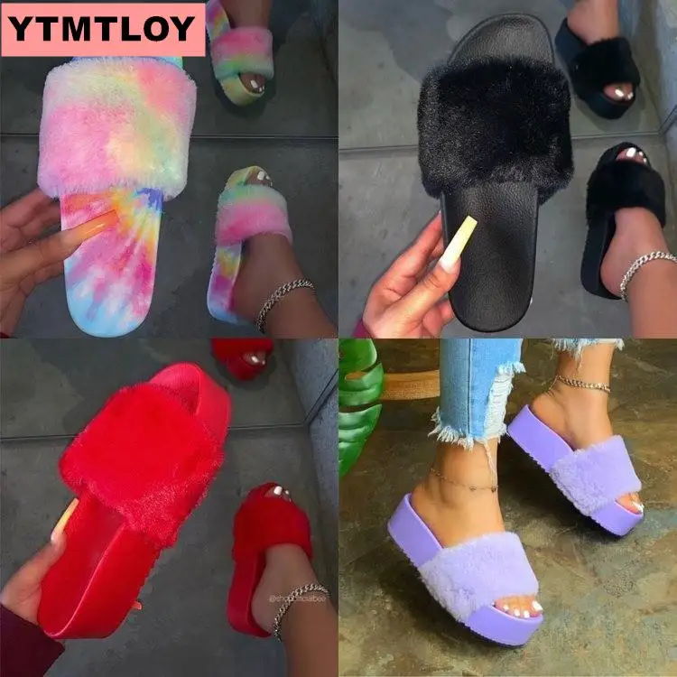 

Women's 2020 Spring and Autumn Sandals Plush Open Toe Slippers Soft Platform Women's Shoes Rainbow Color Faux Fur Slippers