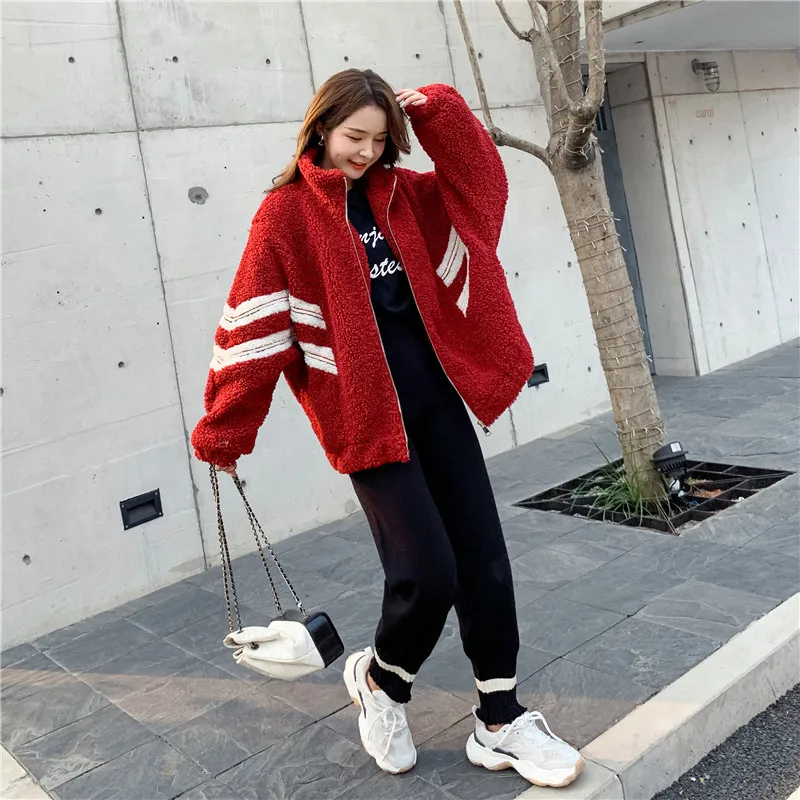 

Zhen Home Customizable Korean-style INS Loose-Fit Webbing Lambs Wool Cotton Overcoat Women's Stand Collar Mid-length 2019 Autumn