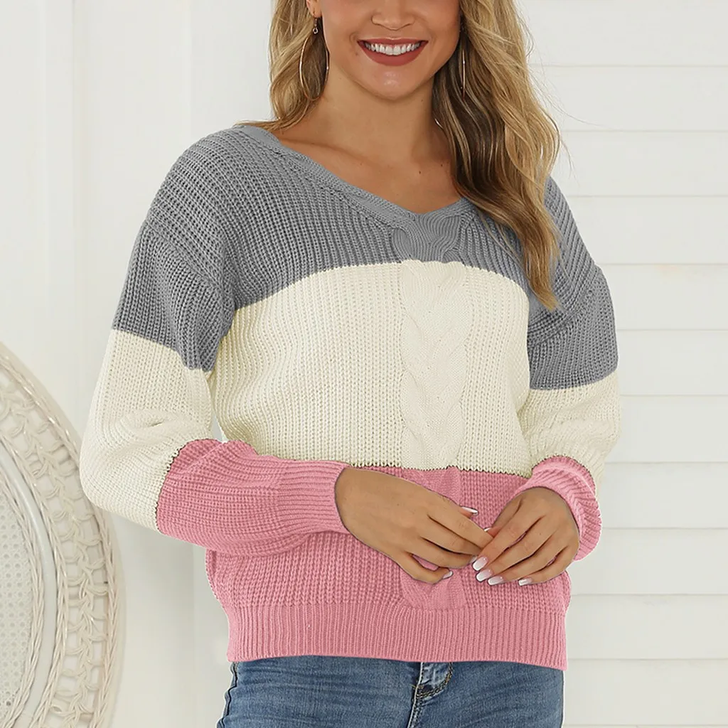 Womens Pullover Patchwork Sweater Knitted Loose Sweater Casual Loose Long Sleeve Tops Slim Fit  V-Neck Womens Sweater