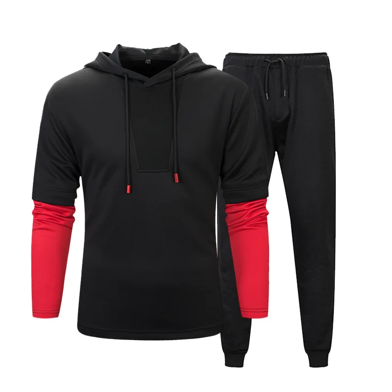 

Autumn And Winter Students Fashion Hoodie Two-Piece Set Contrast Color Mock Two-Piece Stripes Hoodie Solid Color Gymnastic Pants