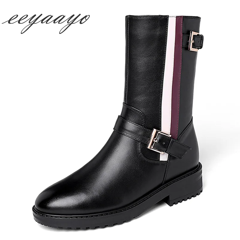 

2019 New Genuine Leather Winter Women Ankle Boots Middle Heel Round Toe Zipper Buckle Casual Women Shoes Black Warm Short Boots