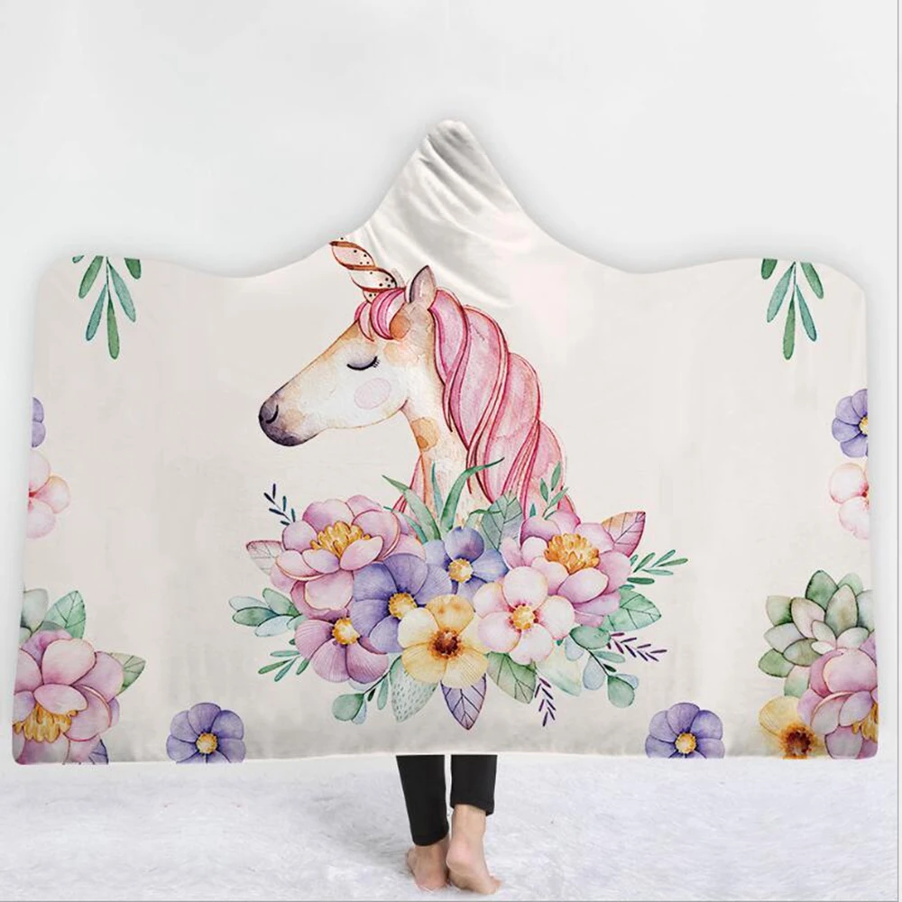 

Floral Unicorn 3D Printed Plush Hooded Blanket Warm Wearable Fleece Throw Blanket for Adults Youth Children Home Office Washable