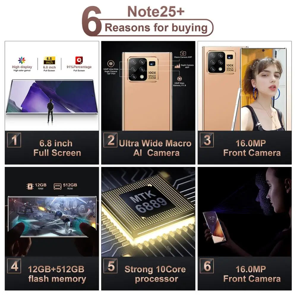 Global Version Galay Note25+ 6.8inch Snapdragon 855 Smartphone 12GB RAM 512GB ROM Android 10.0 2020 New Mobile Phone In Stock