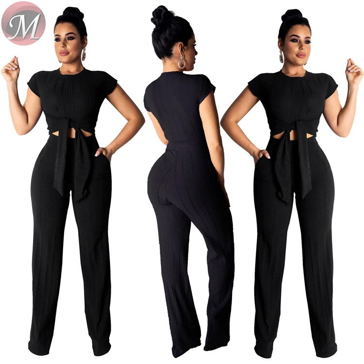 9040123 women fashion casual solid top and wide leg pants two piece set women clothing